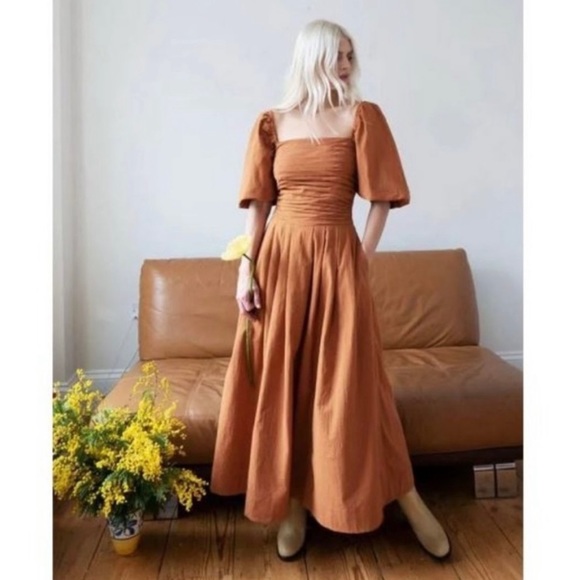 Free People Dresses & Skirts - Free People Ain’t She a Beaut Puff Sleeve Midi Ruched Dress Terra Size Small NWT